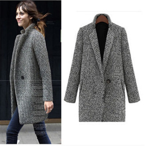 Image of Vintage Autumn Winter Woolen Coat Single Button Pocket Oversize Long Trench Coat Outerwear Women Houndstooth Cotton Blend Coat
