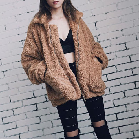 Image of Elegant Faux Fur Coat Women 2018 Autumn Winter Warm Soft Zipper Fur Jacket Female Plush Overcoat Pocket Casual Teddy Outwear