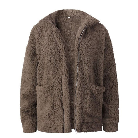 Image of Elegant Faux Fur Coat Women 2018 Autumn Winter Warm Soft Zipper Fur Jacket Female Plush Overcoat Pocket Casual Teddy Outwear