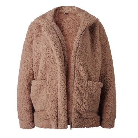 Image of Elegant Faux Fur Coat Women 2018 Autumn Winter Warm Soft Zipper Fur Jacket Female Plush Overcoat Pocket Casual Teddy Outwear