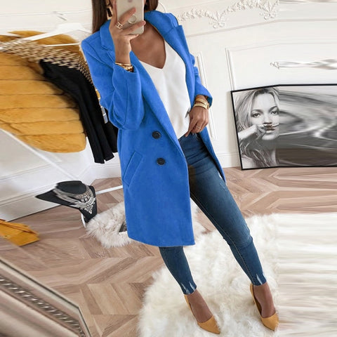 Image of Women Autumn Winter Woollen Coat Long Sleeve Turn-Down Collar Oversize Blazer Outwear Jacket Elegant Overcoats Loose Plus Size