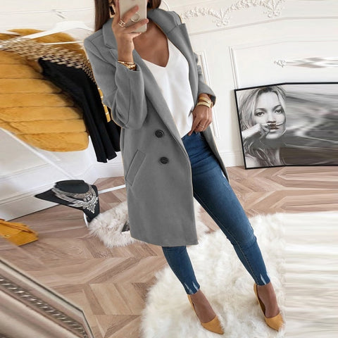 Image of Women Autumn Winter Woollen Coat Long Sleeve Turn-Down Collar Oversize Blazer Outwear Jacket Elegant Overcoats Loose Plus Size