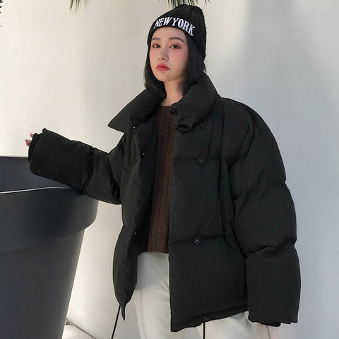 Image of Korean Style 2019 Winter Jacket Women Stand Collar Solid Black White Female Down Coat Loose Oversized Womens Short Parka