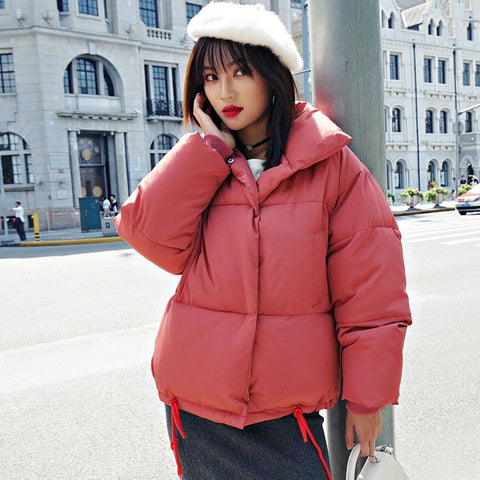 Image of Korean Style 2019 Winter Jacket Women Stand Collar Solid Black White Female Down Coat Loose Oversized Womens Short Parka