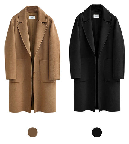 Image of 2019 Winter Black Coat For Women Wide Lapel Pocket  Woollen Cloth & Polyester Wool Blend Coat Oversize Long Trench Coats Outwear