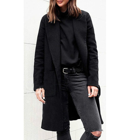 Image of 2019 Winter Black Coat For Women Wide Lapel Pocket  Woollen Cloth & Polyester Wool Blend Coat Oversize Long Trench Coats Outwear