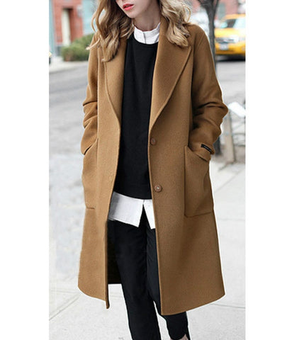 Image of 2019 Winter Black Coat For Women Wide Lapel Pocket  Woollen Cloth & Polyester Wool Blend Coat Oversize Long Trench Coats Outwear