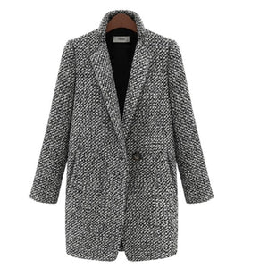 Vintage Autumn Winter Woolen Coat Single Button Pocket Oversize Long Trench Coat Outerwear Women Houndstooth Cotton Blend Coat