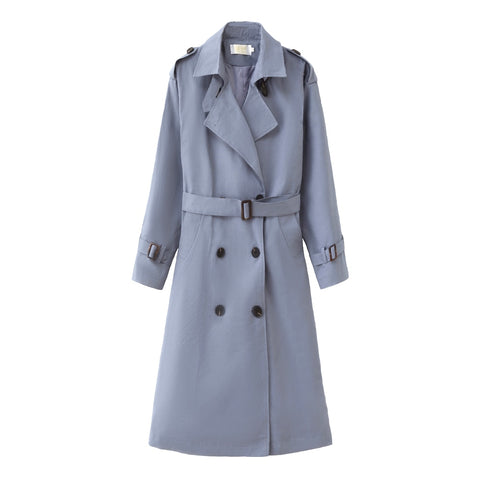 Image of Fashion Brand New Women Trench Coat Long Double-Breasted Belt Blue Khaki Lady Clothes Autumn Spring Outerwear Oversize Quality
