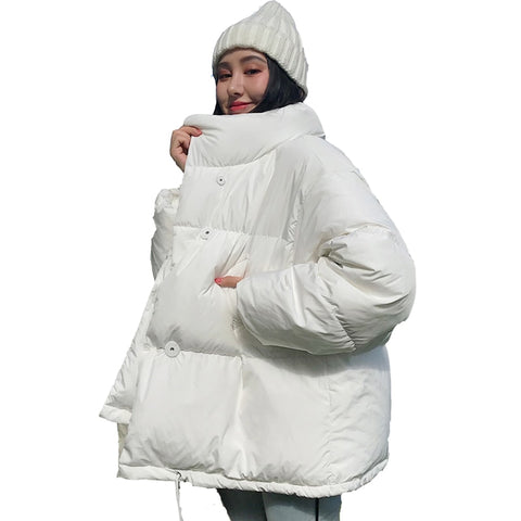 Image of Korean Style 2019 Winter Jacket Women Stand Collar Solid Black White Female Down Coat Loose Oversized Womens Short Parka