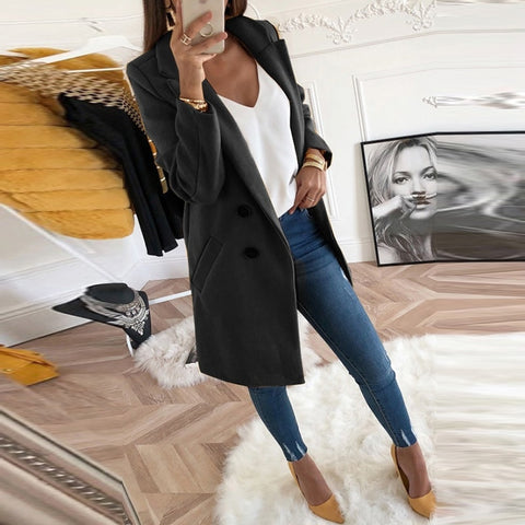 Image of Women Autumn Winter Woollen Coat Long Sleeve Turn-Down Collar Oversize Blazer Outwear Jacket Elegant Overcoats Loose Plus Size