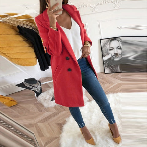 Image of Women Autumn Winter Woollen Coat Long Sleeve Turn-Down Collar Oversize Blazer Outwear Jacket Elegant Overcoats Loose Plus Size