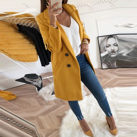 Image of Women Autumn Winter Woollen Coat Long Sleeve Turn-Down Collar Oversize Blazer Outwear Jacket Elegant Overcoats Loose Plus Size