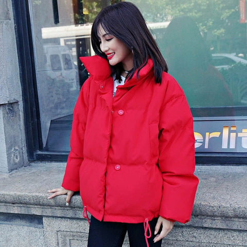 Image of Korean Style 2019 Winter Jacket Women Stand Collar Solid Black White Female Down Coat Loose Oversized Womens Short Parka