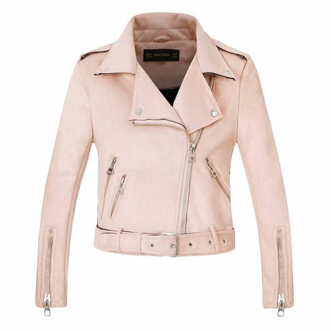 Image of 2020 New Arrial Women Autumn Winter Suede Faux Leather Jackets Lady Fashion Matte Motorcycle Coat Biker Gray Pink Beige Outwear